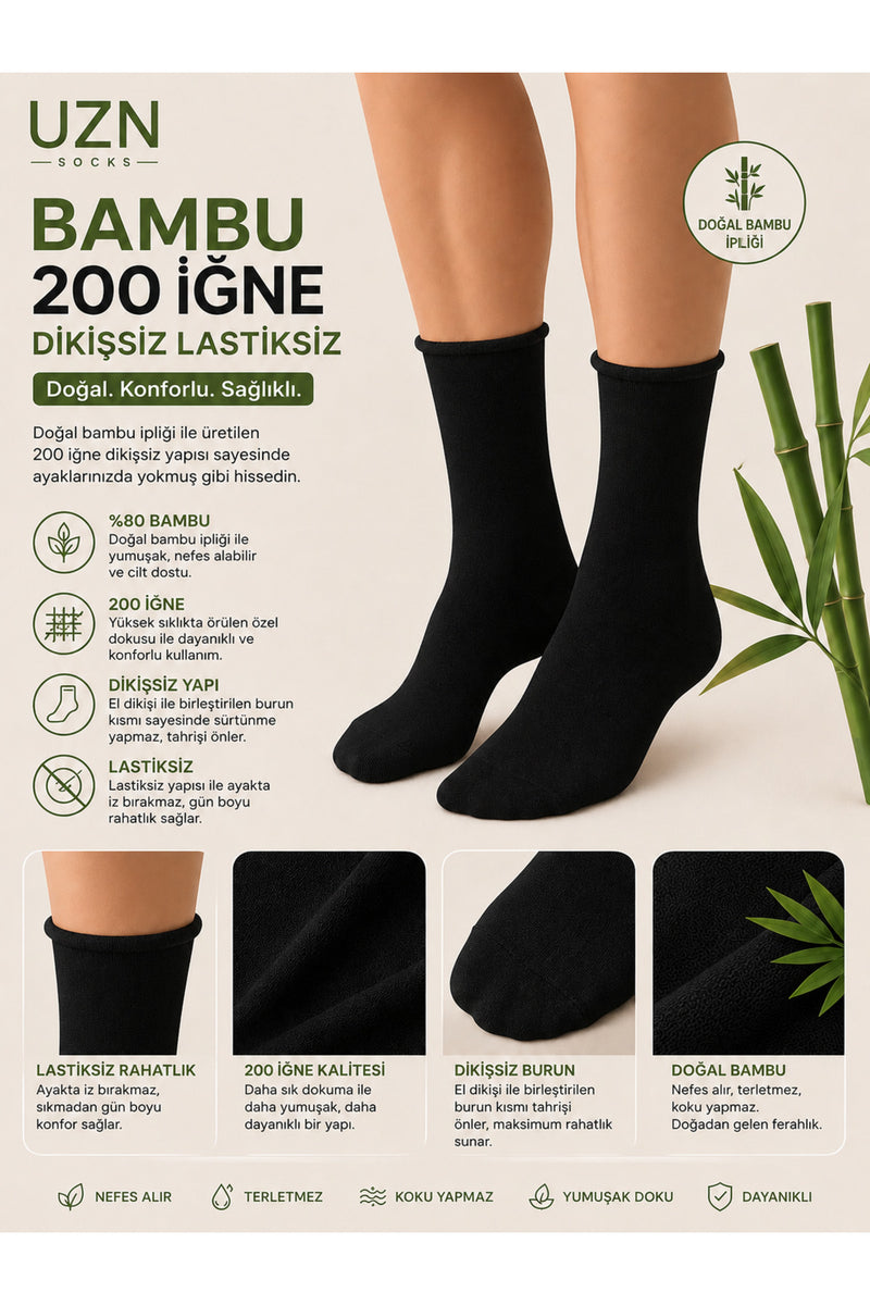 6 Çift Bambu 200 İğne Dikişsiz Lastiksiz Unisex Çorap – Nefes Alan, Yumuşak, Günlük Konfor Siyah Çorap