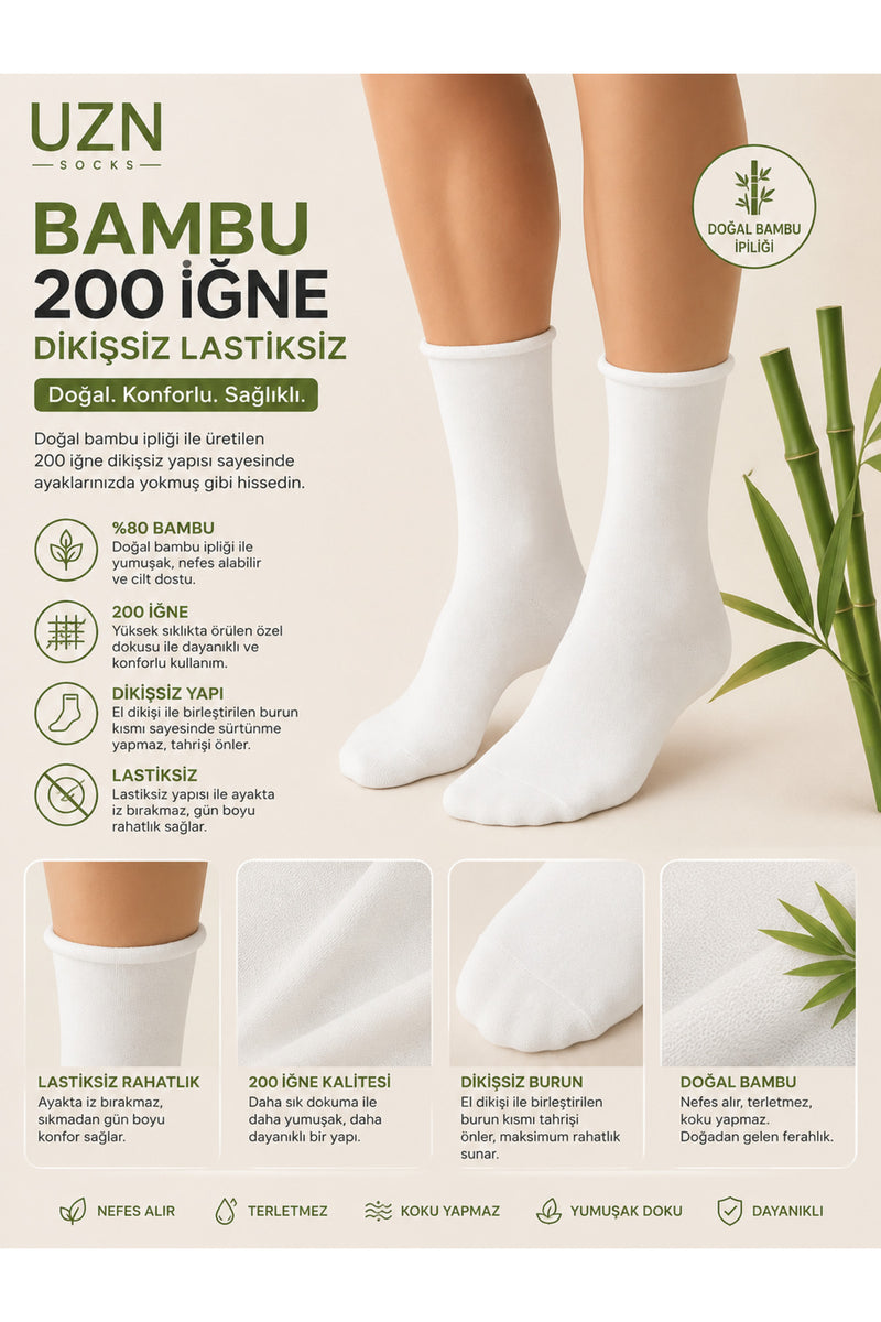 6 Çift Bambu 200 İğne Dikişsiz Lastiksiz Unisex Çorap – Nefes Alan, Yumuşak, Günlük Konfor Siyah Çorap