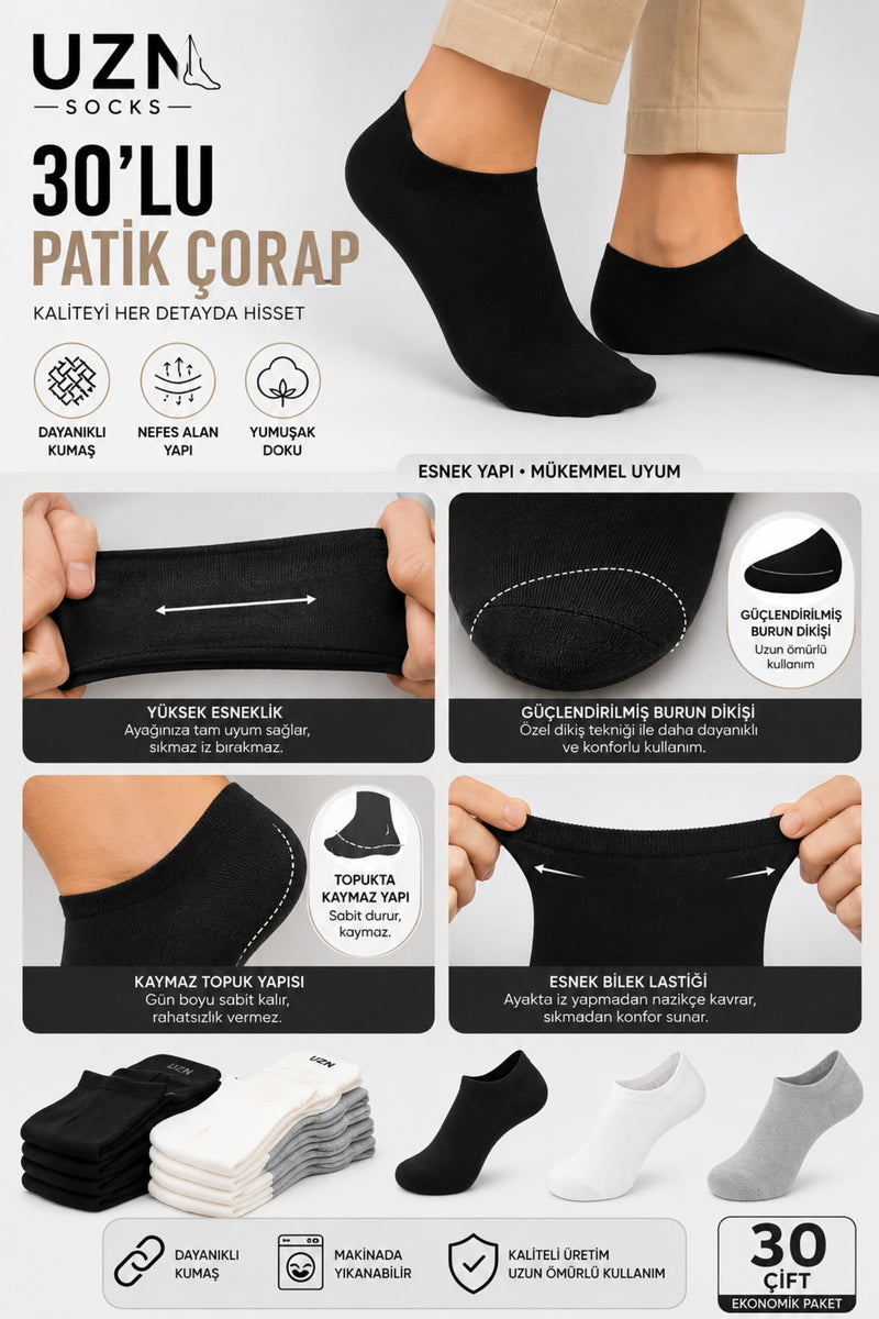 30’lu Pamuklu Unisex Patik Çorap Seti – Siyah Beyaz Gri