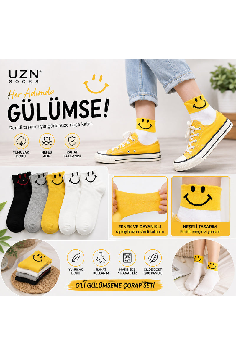Gülümseyen Yüz Desenli Renkli Çorap Smiley Soket Çorap Desenli Günlük Çorap