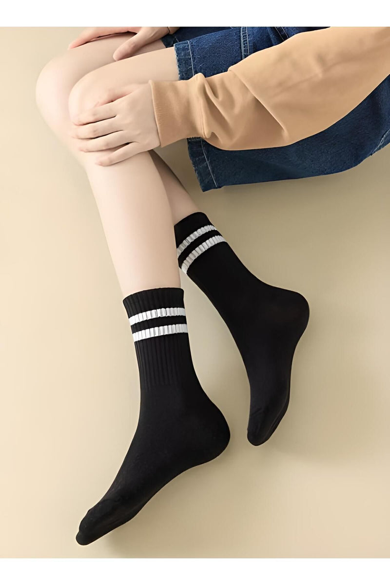 Unisex 5 li paket Siyah Beyaz Çizgili Kolej Çorap (5 Pairs)
