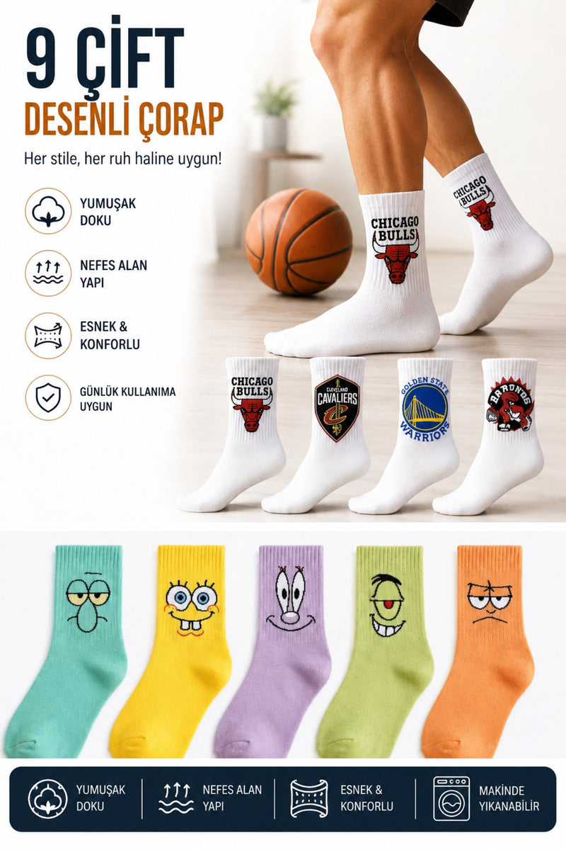 9 Çift Desenli Spor Çorap Karikatür Karışık Set Yumuşak Nefes Alan Günlük Çorap