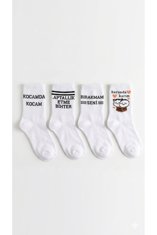 Unisex Yazılı Beyaz Çorap 4’lü Set – Eğlenceli Mesajlı Soket Çorap – Günlük Rahat Pamuklu Çorap