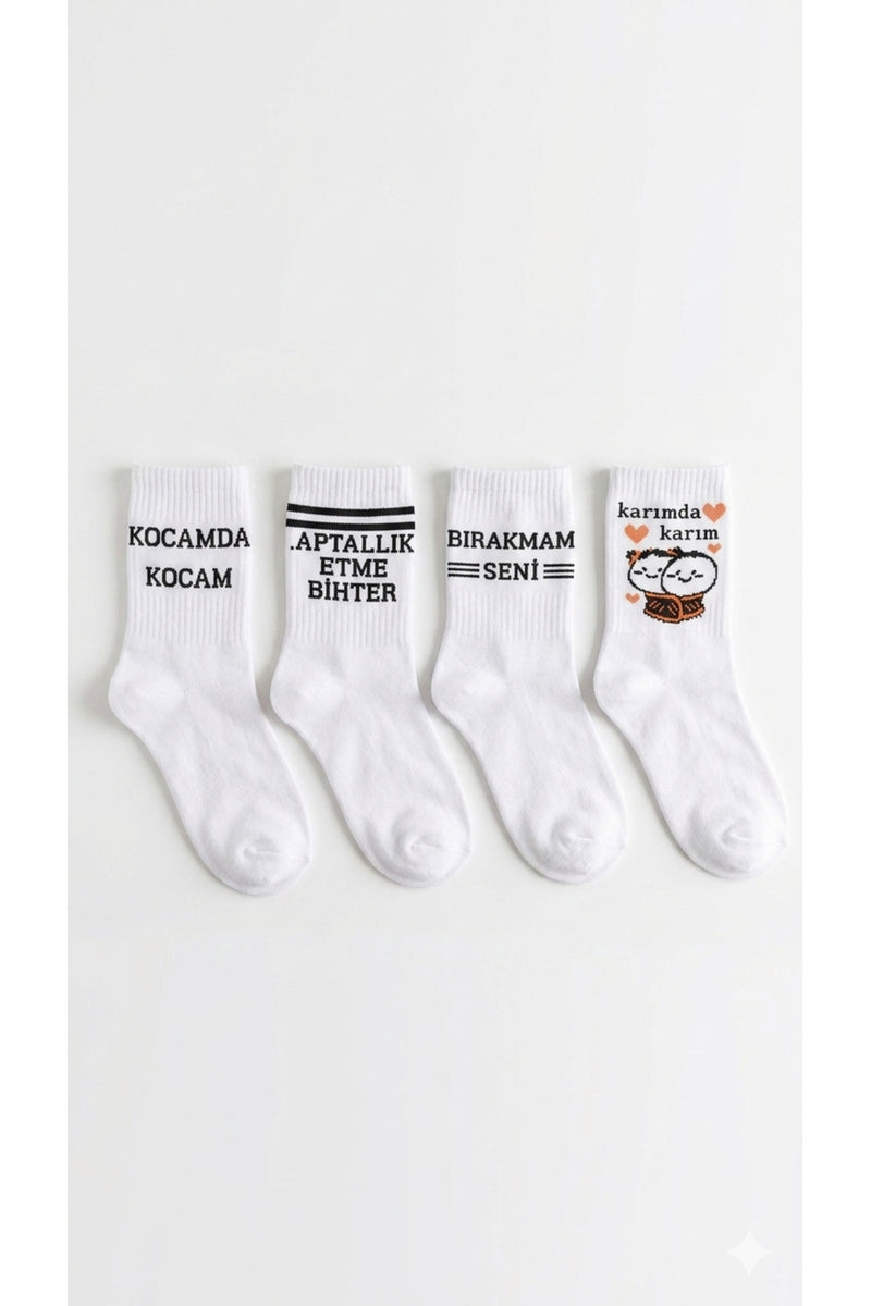 Unisex Yazılı Beyaz Çorap 4’lü Set – Eğlenceli Mesajlı Soket Çorap – Günlük Rahat Pamuklu Çorap