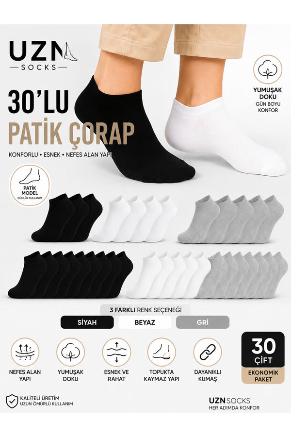 30’lu Pamuklu Unisex Patik Çorap Seti – Siyah Beyaz Gri