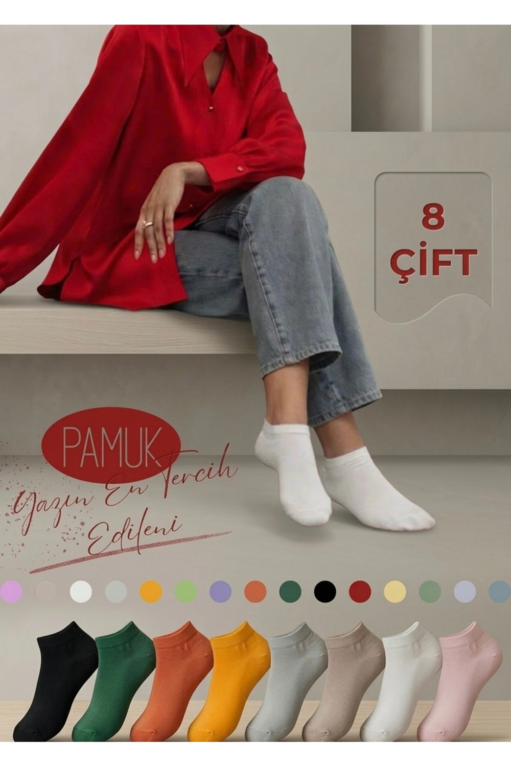 8'li Paket Kadın Renkli Babet Çorabı Seti - Pamuklu Kaymaz Topuk Destekli Görünmez Patik Çorap