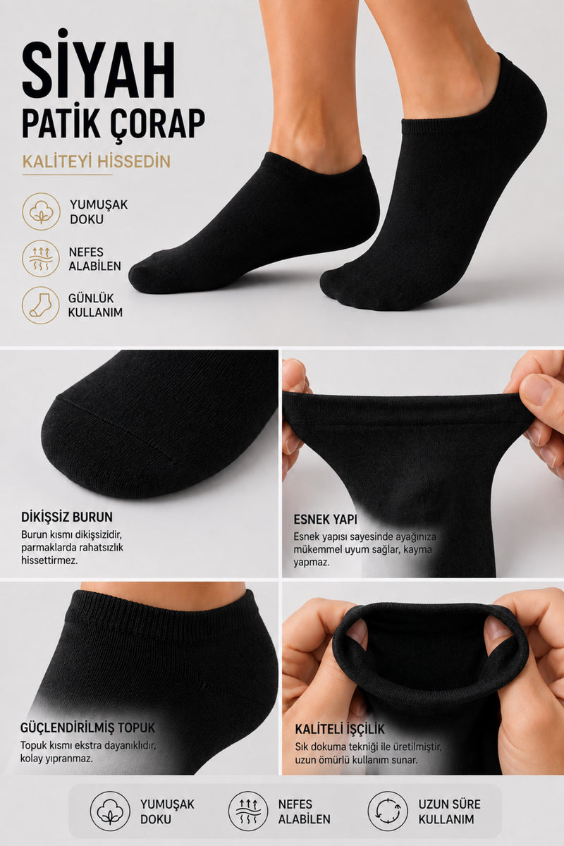 Unisex Siyah Patik Çorap 30 Çift