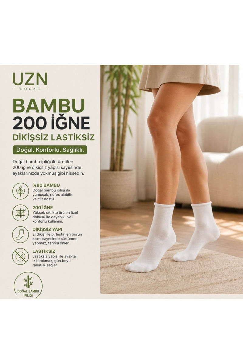 6 Çift Bambu 200 İğne Dikişsiz Lastiksiz Unisex Çorap – Nefes Alan, Yumuşak, Günlük Konfor Siyah Çorap
