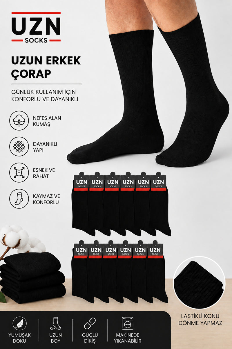 6 Çift Siyah Erkek Pamuklu Çorap Uzun Desensiz Unisex Günlük Soket Çorap