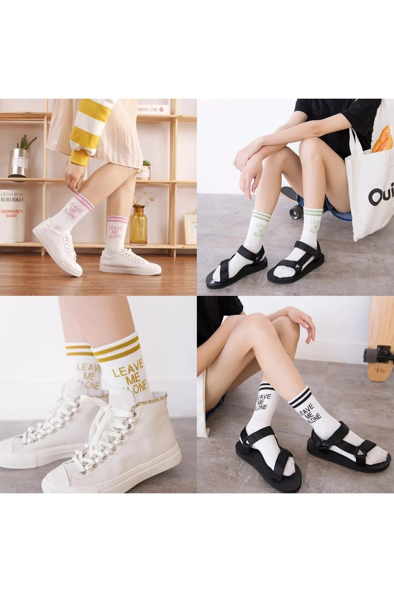 5'li Paket Leave Me Alone Yazılı Kolej Çorabı Seti - Renkli Şeritli Unisex Pamuklu Tenis Çorabı