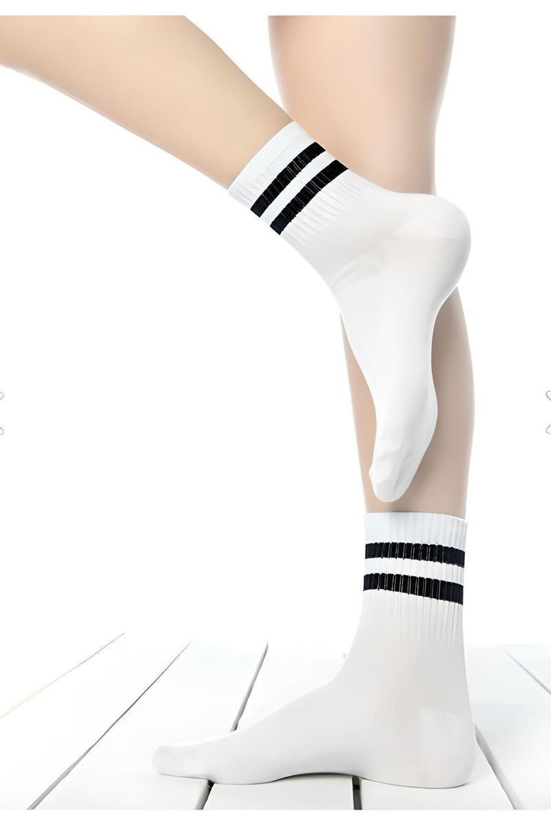 Unisex 5 li paket Siyah Beyaz Çizgili Kolej Çorap (5 Pairs)