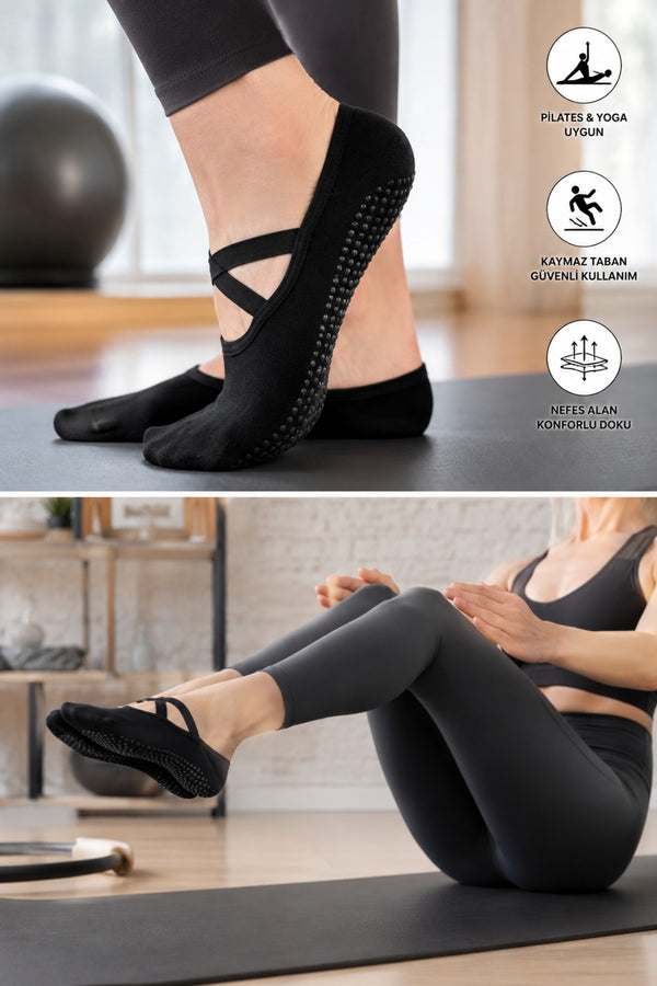 Pilates Çorabı Kaydırmaz Tabanlı Çapraz Bantlı Yoga & Reformer Çorabı Siyah 3 Çift