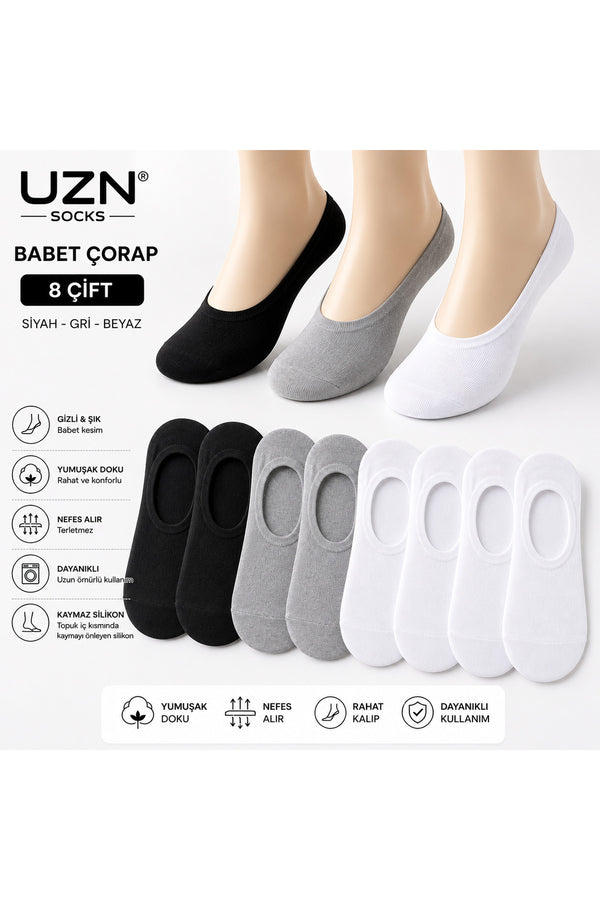 8 Çift Görünmez Babet Çorap Siyah Beyaz Gri Renkli Kadın Kısa Babet Çorabı