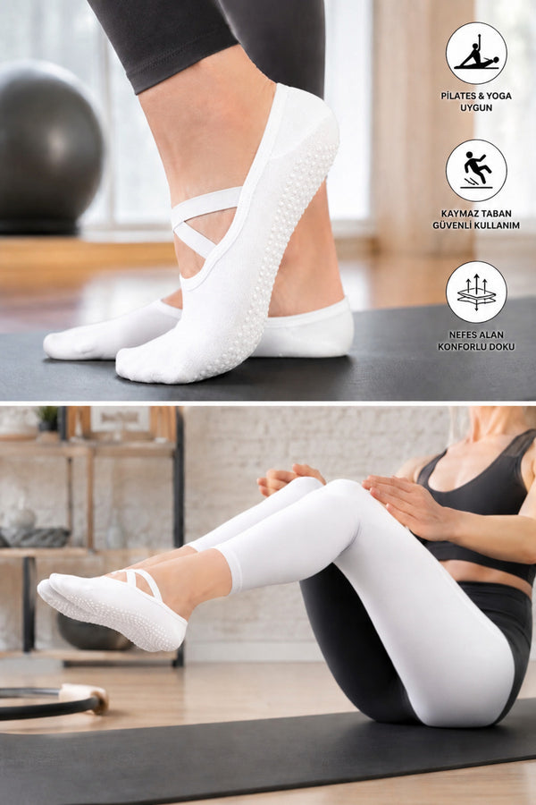 3 Çift Beyaz Pilates Çorabı Kaydırmaz Tabanlı Yoga Reformer Çorabı Çapraz Bantlı