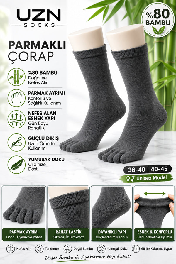 2 Çift Bambu 5 Parmaklı Çorap Unisex Parmak Ayrımlı Nefes Alan Günlük Çorap