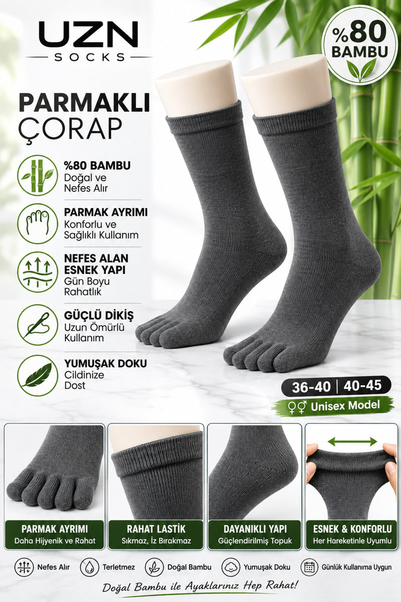 2 Çift Bambu 5 Parmaklı Çorap Unisex Parmak Ayrımlı Nefes Alan Günlük Çorap