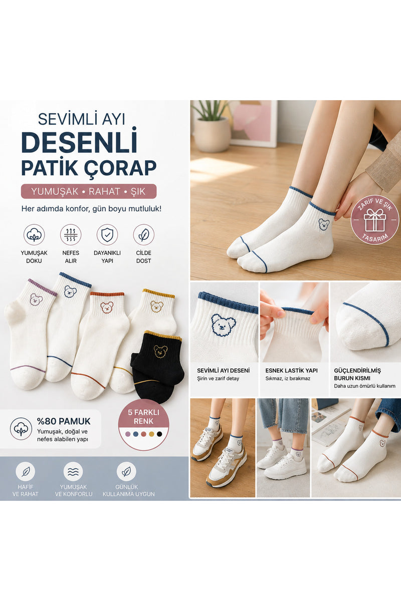 5’li Kadın Patik Çorap Sevimli Ayıcık Desenli Pamuklu Günlük Çorap Seti