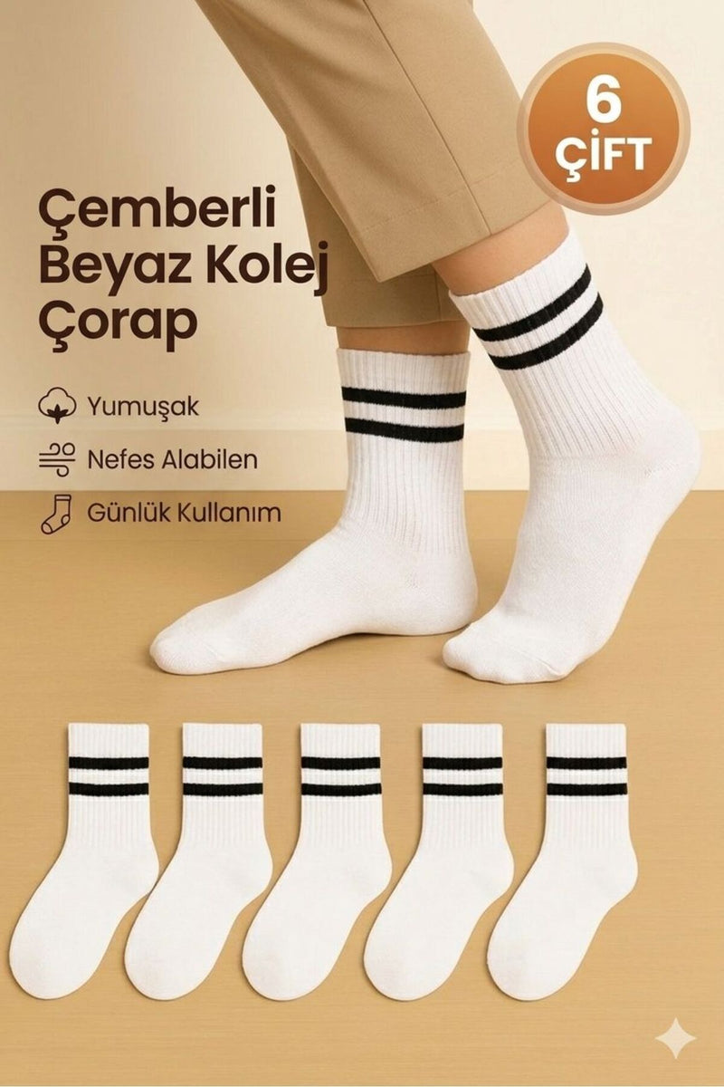 Unisex Beyaz Siyah Çizgili Kolej Stil Spor Çorap – 6’li Paket YÜKSEK PAMUK ORANLI