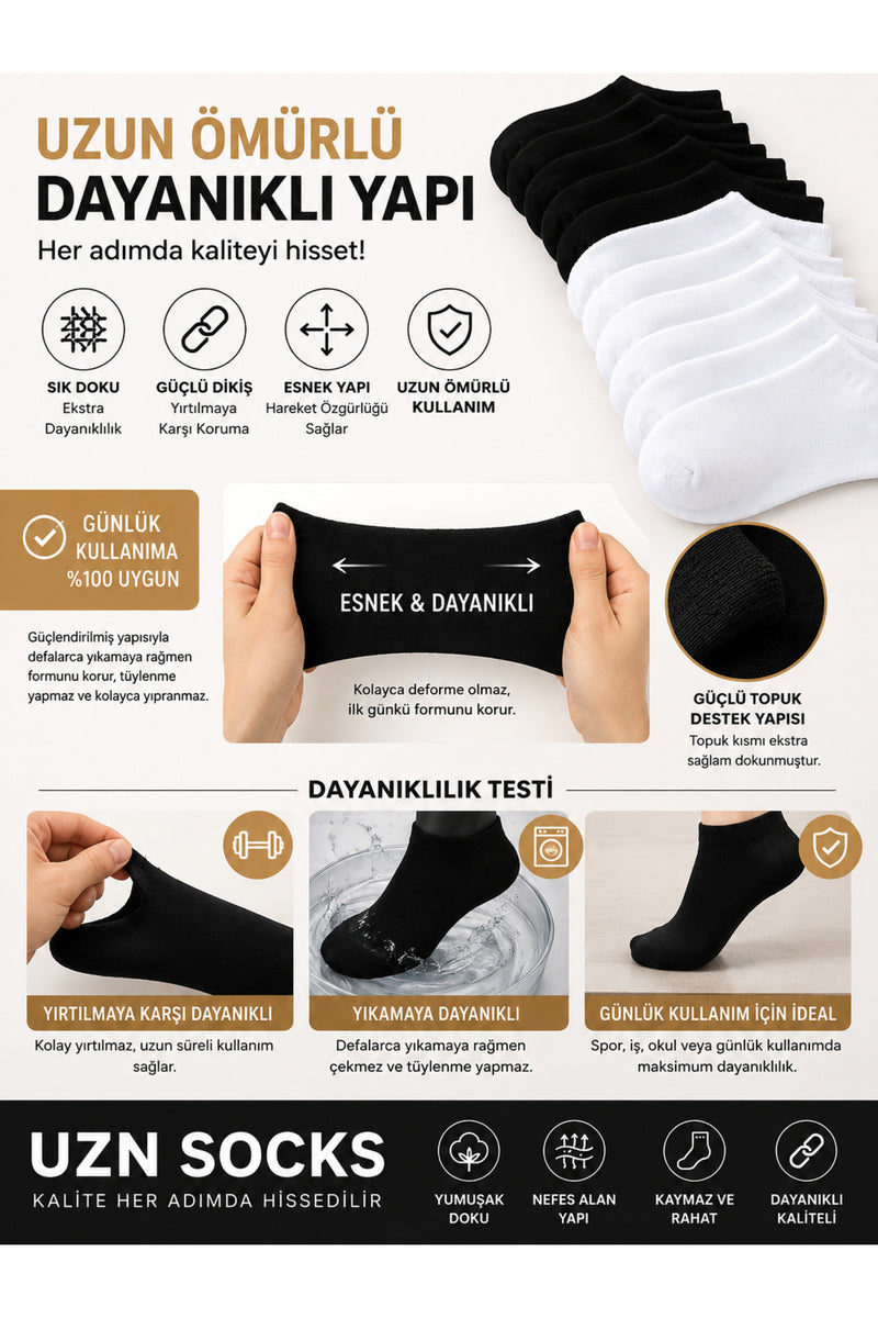 20 Çift Pamuklu Kısa Patik Çorap | Unisex | Siyah & Beyaz | Terletmez | Günlük Kullanıma Uygun