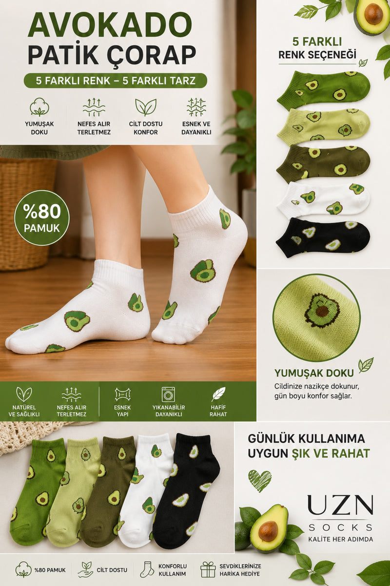 5 Çift Kadın Avokado Desenli Patik Çorap Pamuklu Renkli Günlük Kısa Çorap