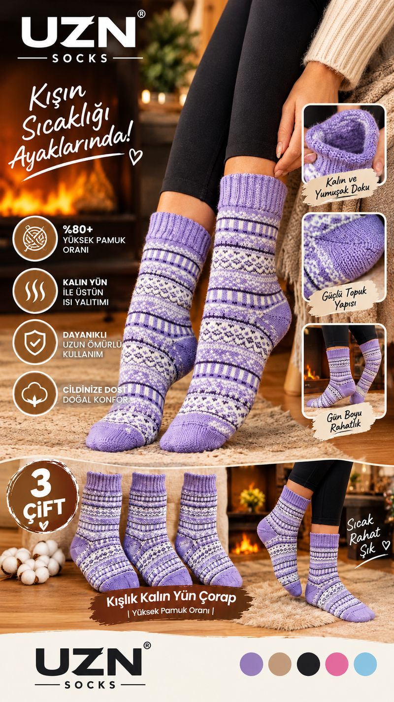 UZN Socks 3'lü Kalın Kışlık Yün Çorap – Sıcak Tutan Desenli Çorap