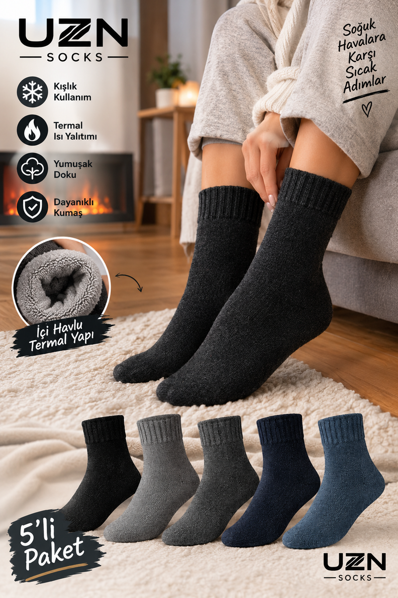 UZN SOCKS 5’li Kışlık Havlu Termal Çorap Kalın Sıcak Tutan Çorap Seti