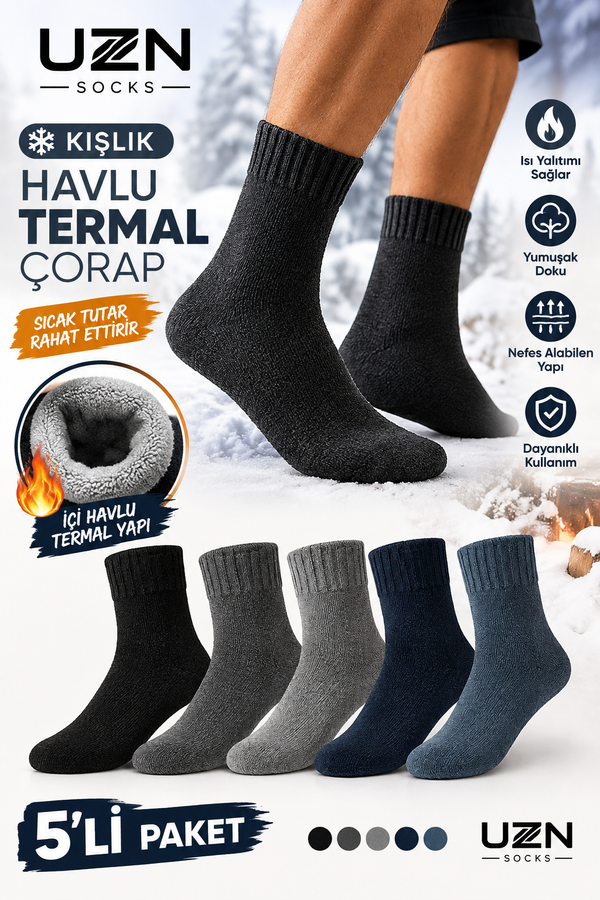 UZN SOCKS 5’li Kışlık Havlu Termal Çorap Kalın Sıcak Tutan Çorap Seti