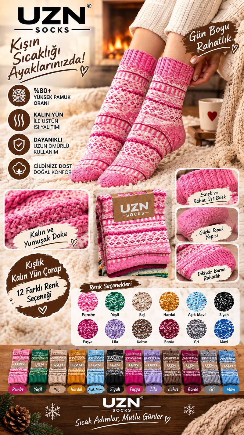 UZN Socks 3'lü Kalın Kışlık Yün Çorap – Sıcak Tutan Desenli Çorap